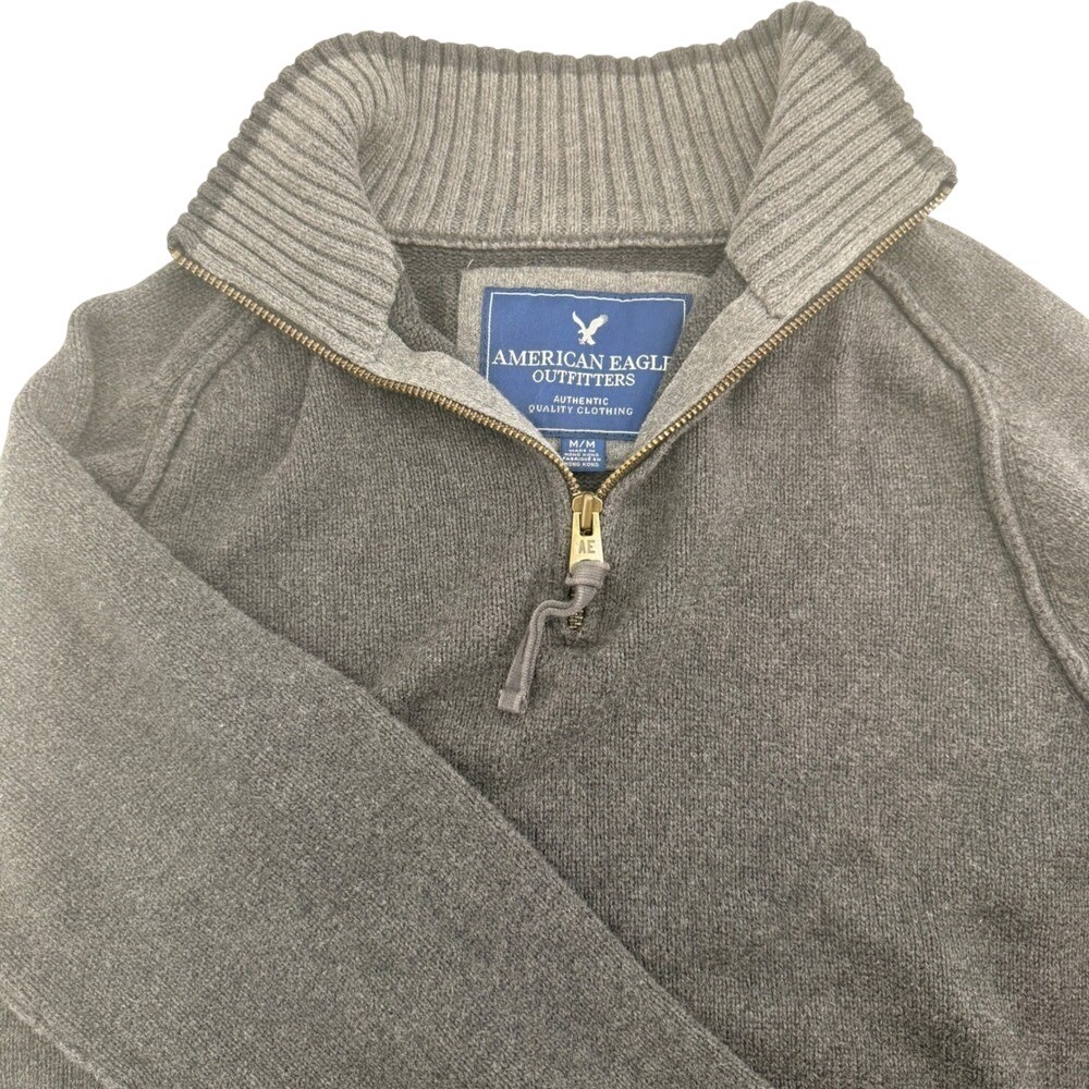 American Eagle Mens Gray Quarter Zip Cotton Knit Sweater Medium‎ Raglan Pullover